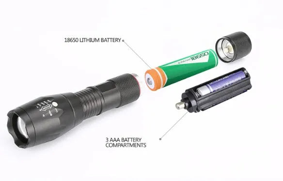 Black aluminium zoom flashlight with adjustable focus ring, shown next to an 18650 battery.