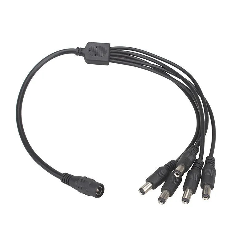Black 12V DC 1-to-4 monitoring power splitter cable with 5.5mm connectors for CCTV cameras