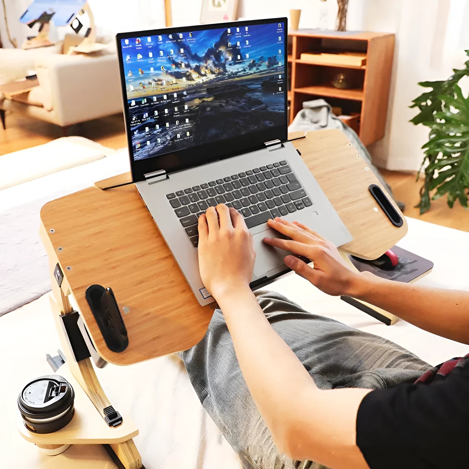 White maple wooden folding computer table for bed use with adjustable angle
