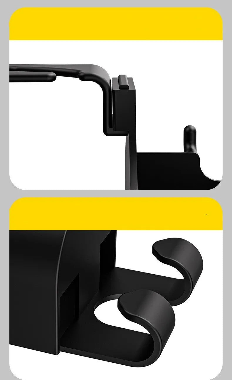 Black plastic car seat back organizer with cup holder and hanging hook for vehicle storage