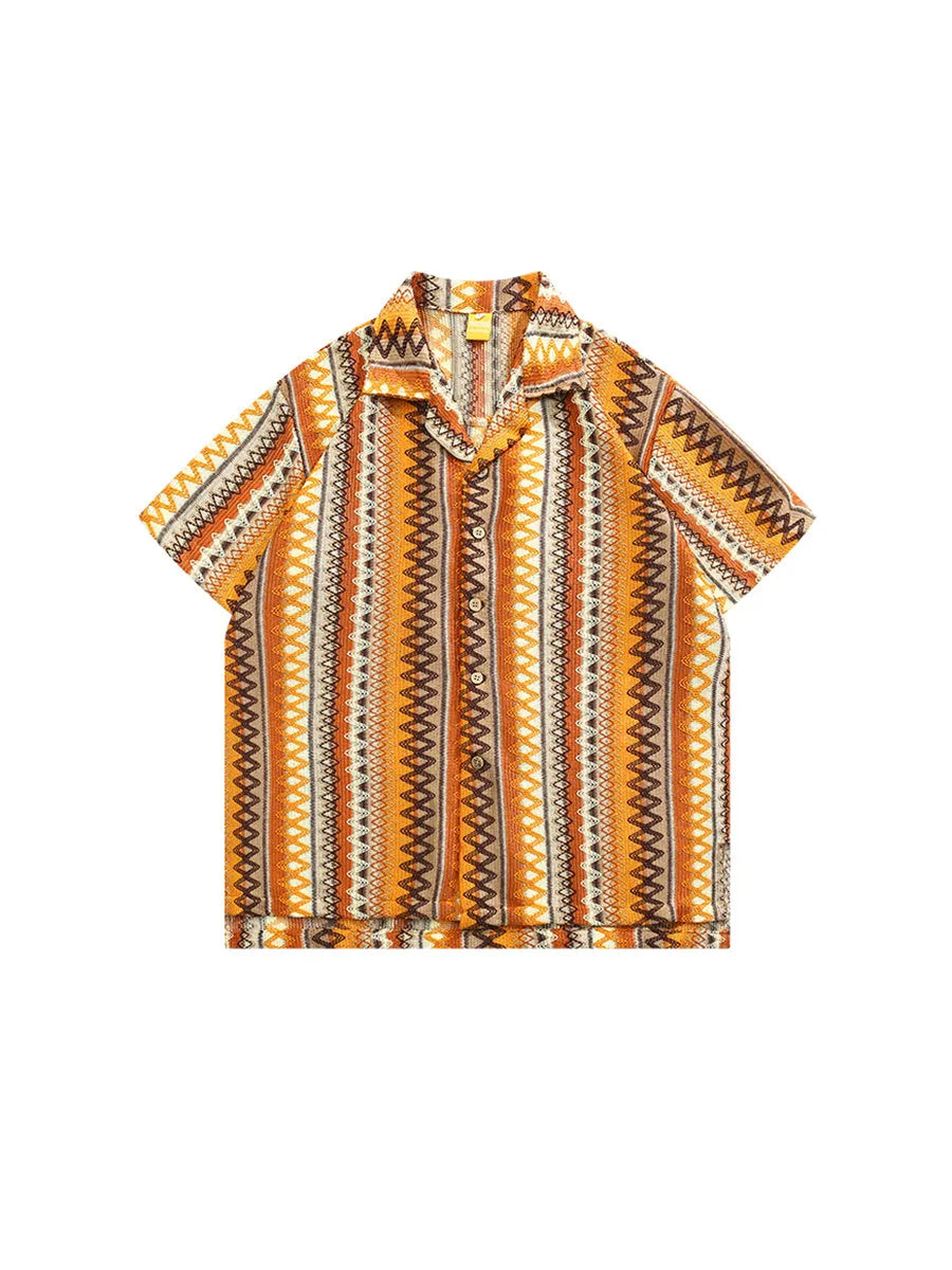 Ethnic style woven Cuban collar shirt with contrasting colour details and drop-shoulder short sleeves