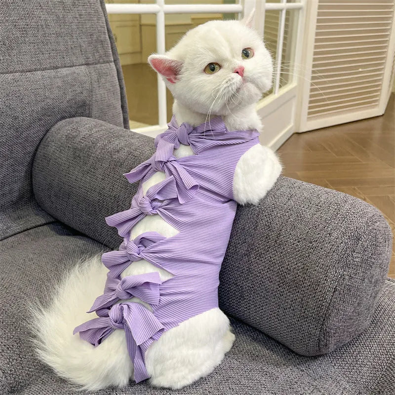 Adjustable polyester cat recovery suit for post-operation wear in blue colour with lace-up closure