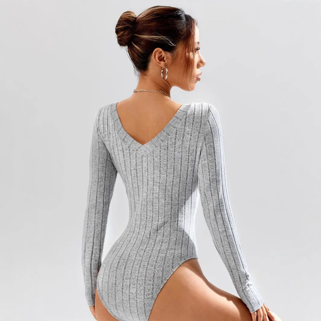 Simple casual solid colour deep V-neck slim fit waist-controlled long sleeve jumpsuit for women in light gray