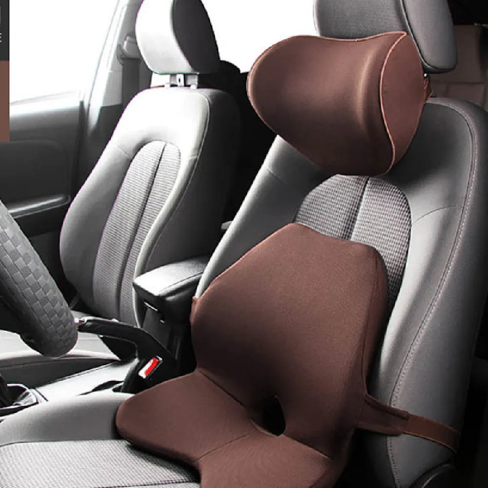 Car seat memory foam waist cushion and headrest set in beige colour