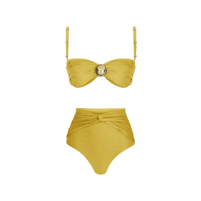Women's high-waist two-piece bikini swimsuit set with a skirt in green or yellow nylon.