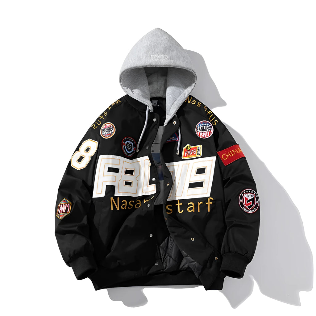 Black American motorcycle baseball uniform jacket with side pocket, shown in loose fit
