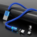 Magnetic data cable with breathing light showing interchangeable heads for Apple, Android and TYPE-C devices in multiple colours