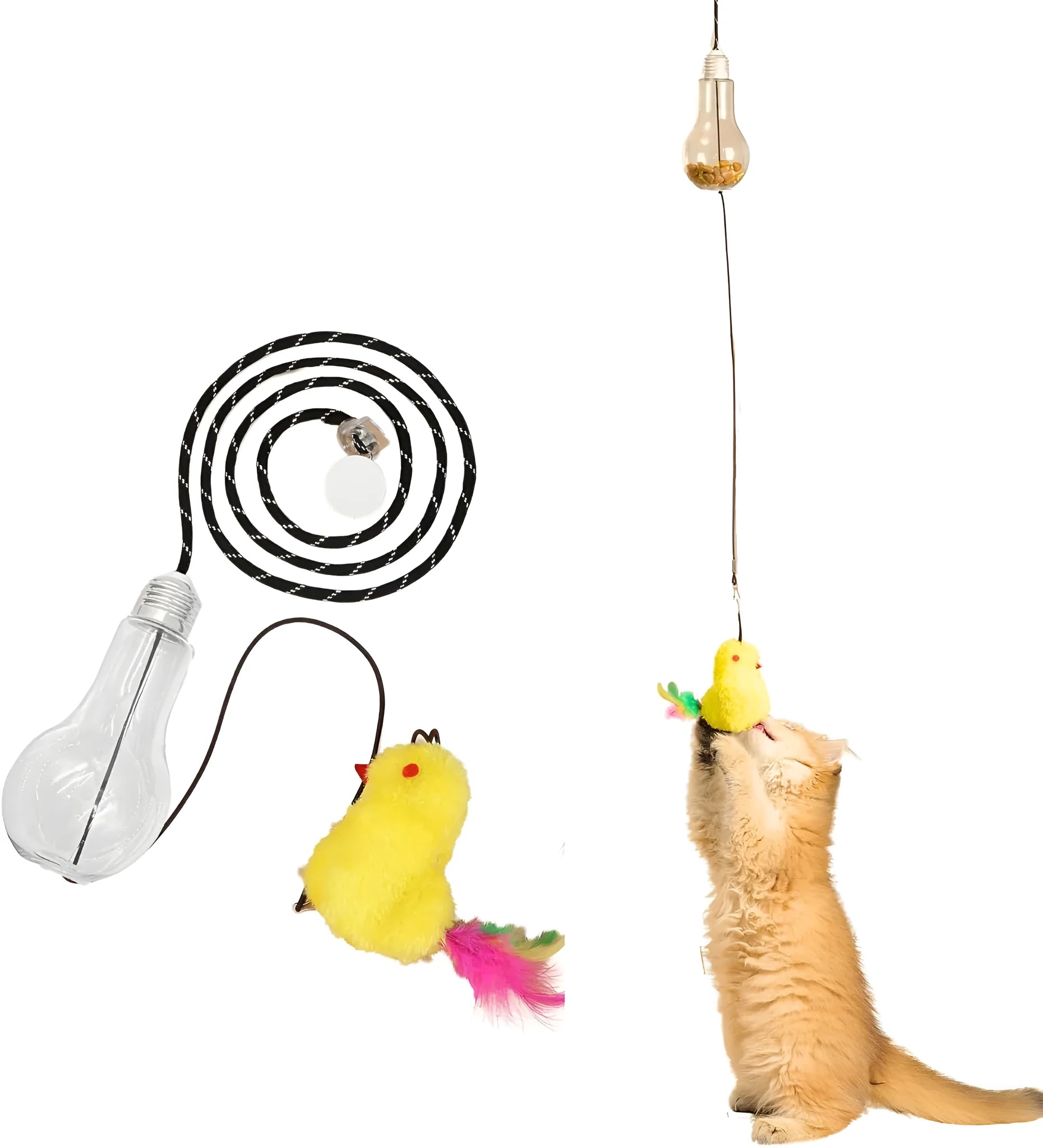 Grey interactive cat toy hanging from door frame with retractable elastic rope, treat dispenser bulb, and dangling mouse attachment