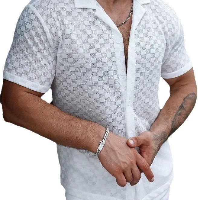 Men's short sleeve shirt with lace hollow detail in white or black, polyester blend, sizes S-XXL