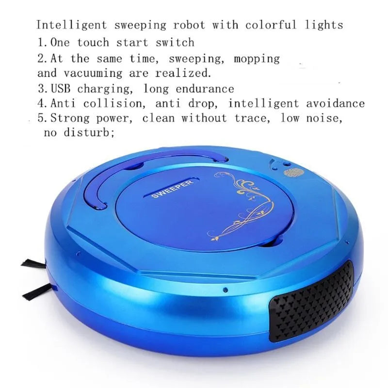 Lazy Smart floor sweeping robot vacuum cleaner in black, blue, or white on a hard floor.