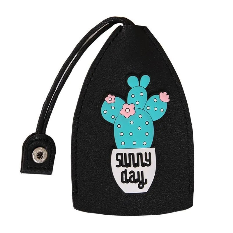 Cartoon pull-out car key case in PU leather with various design options including cactus, rabbit, and fruit themes