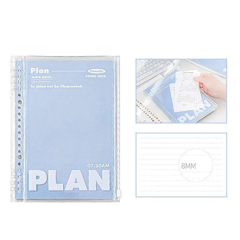 A5 PVC spiral notebook with transparent cover in blue or white, showing spiral binding and standard paper size