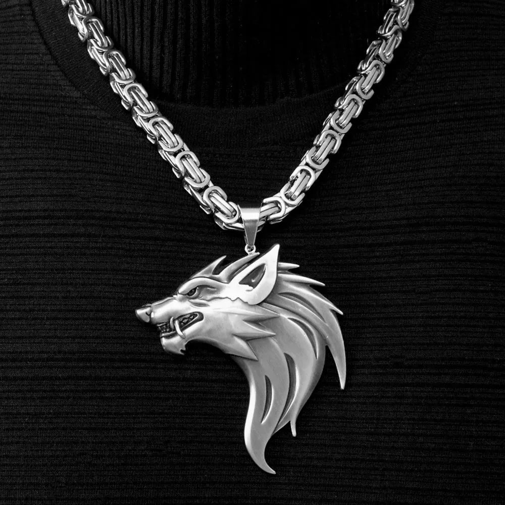 Men's wolf head pendant necklace in ancient silver or ancient bronze on a 58cm BS chain, Viking-style amulet.