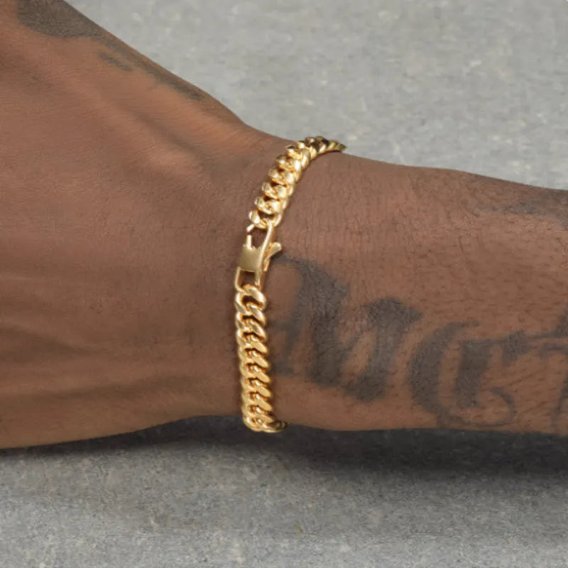 18K gold thin Cuban chain bracelet for men in titanium steel with vacuum electroplated finish, gold colour