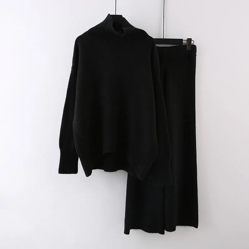Women's milky white acrylic knit sweater and wide-leg trousers two-piece casual set.