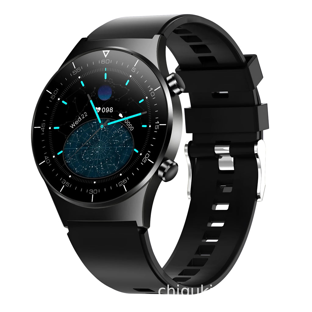 Black smart watch with 1.28 inch screen and TPU sports bracelet for health monitoring.