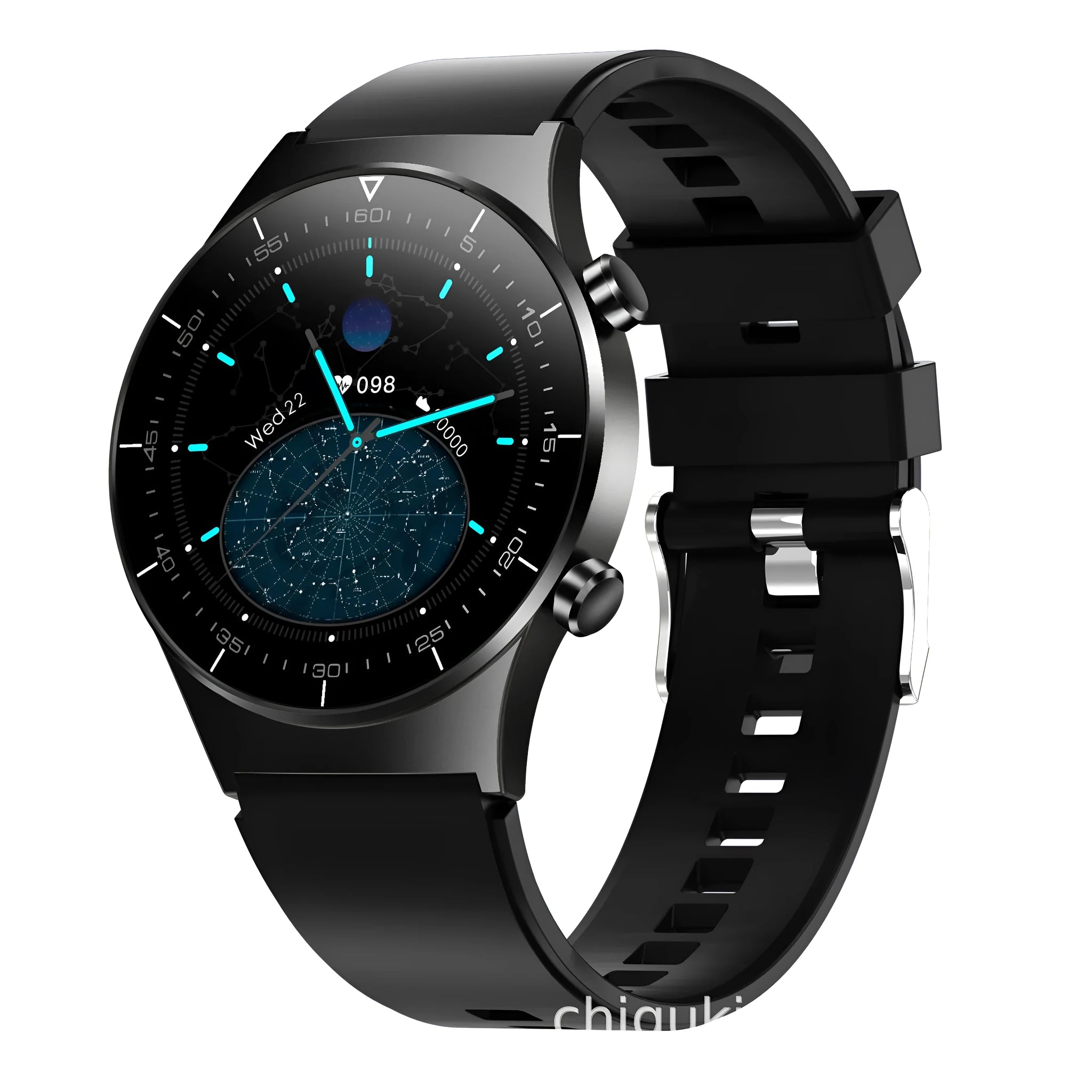 Black smart watch with 1.28 inch screen and TPU sports bracelet for health monitoring.