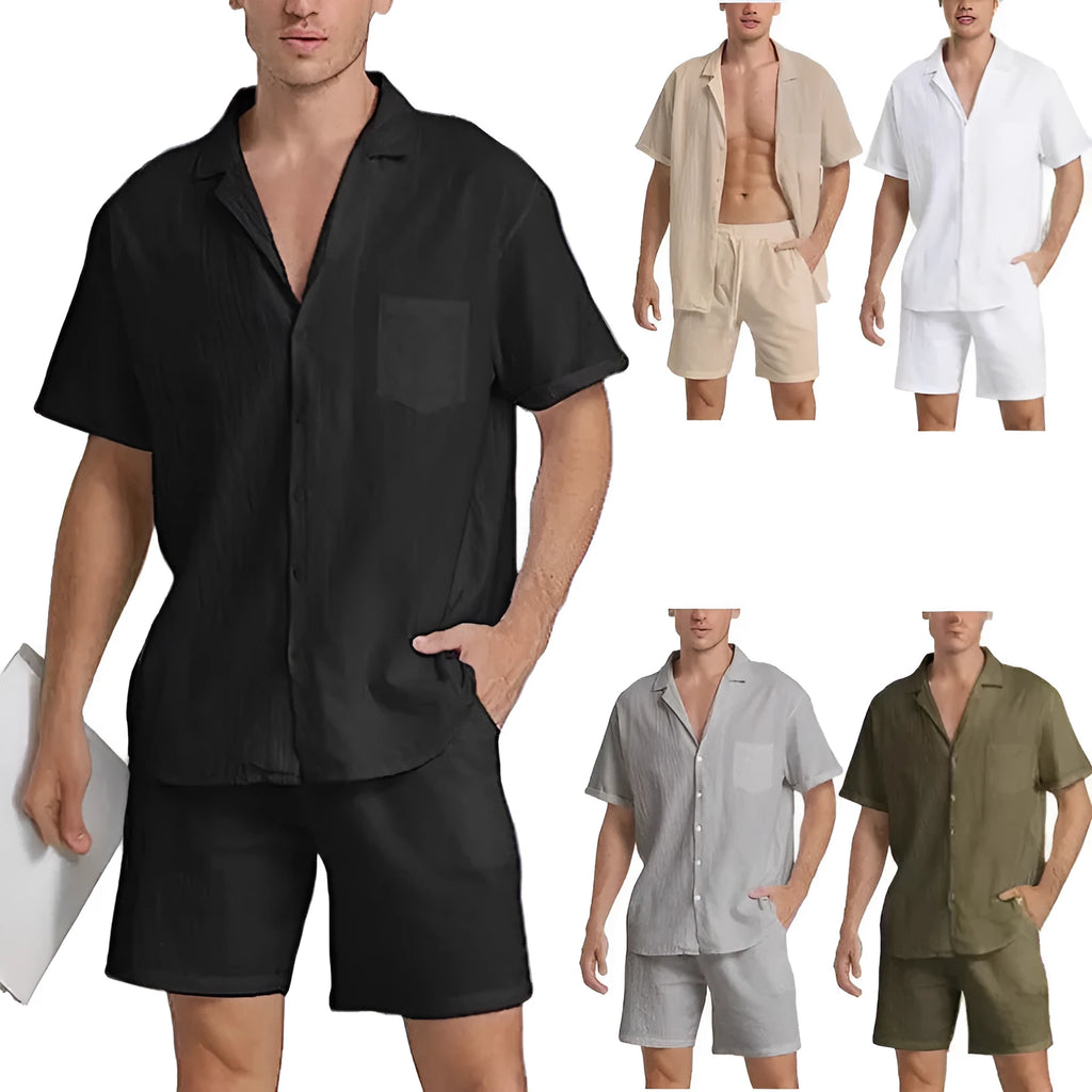 Men's flax summer sports suit with short sleeves and matching shorts in multiple colour options