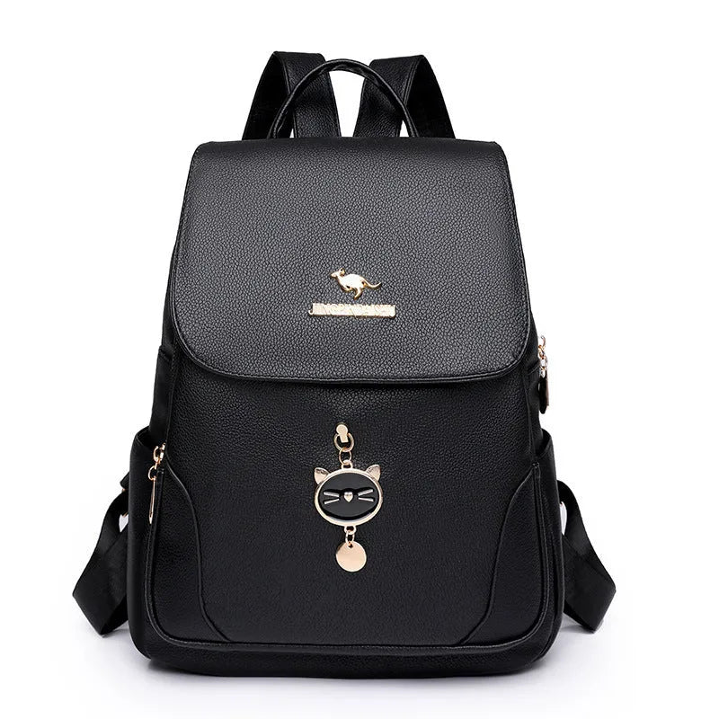 Casual women's leather backpack in black with textured pu finish and three-dimensional pocket design