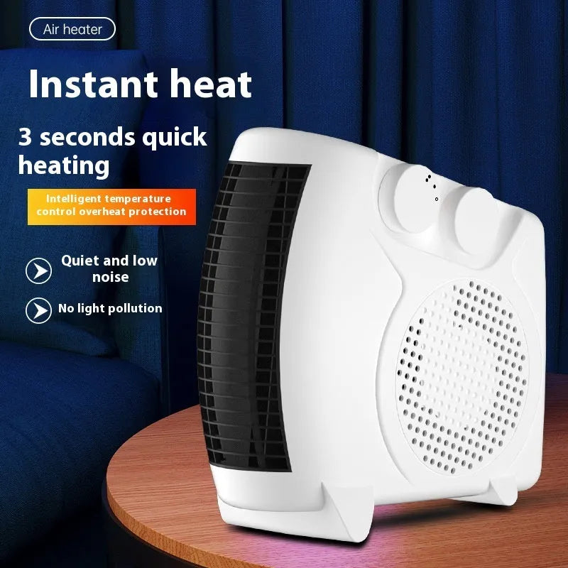 White compact desktop electric heater showing front grille and control buttons