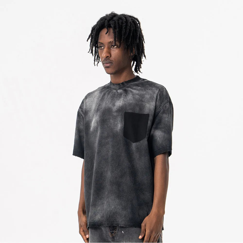 Men's black cotton T-shirt with printed letter pattern and drop-shoulder sleeves