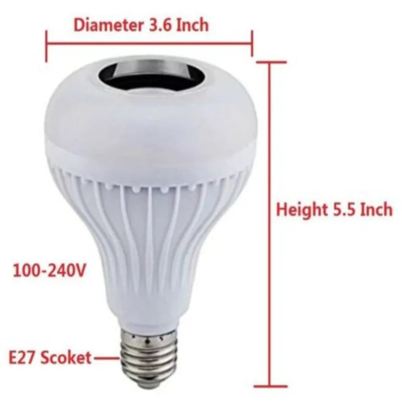 White Bluetooth speaker LED light bulb with E27 base showing multi-colour lighting options