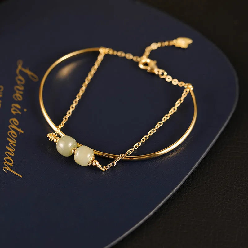 Jade lucky beads bracelet for women with gold inlay decoration, showing single, double, and three beads version options.
