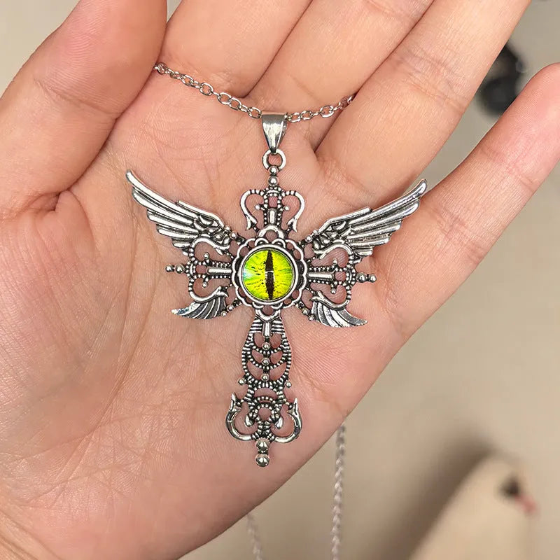 Alloy devil wings and cross geometric pendant necklace on a chain in blue, green, purple, red, and yellow colour options.