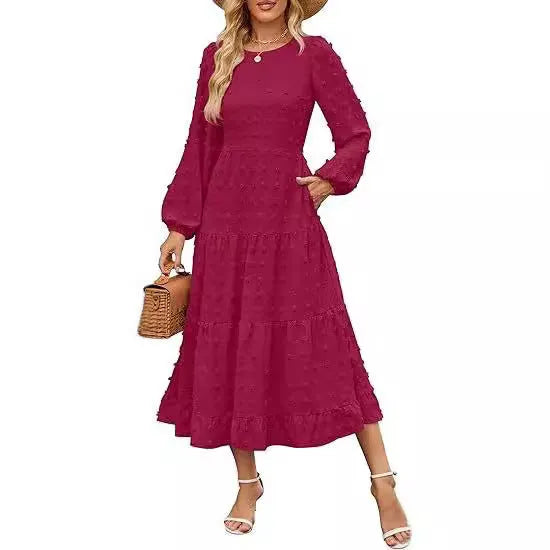 Beige women's high waist long sleeve dress with ruffle sleeves on a mannequin.
