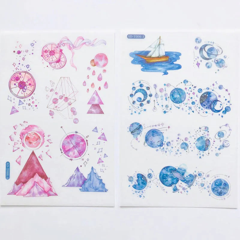 Hand account sticker set with fantasy stars design on Japanese paper, measuring 10.5 by 14.1 cm