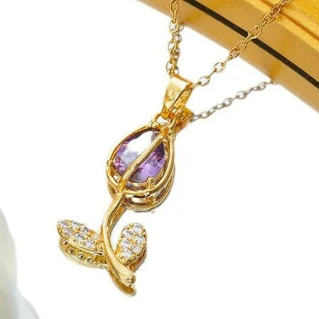 Titanium steel tulip flower necklace for women with zircon decoration and adjustable length