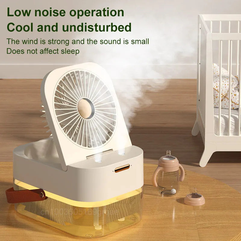 White humidifier spray fan with 2.5L water tank, dual spray ports, and night light on desktop