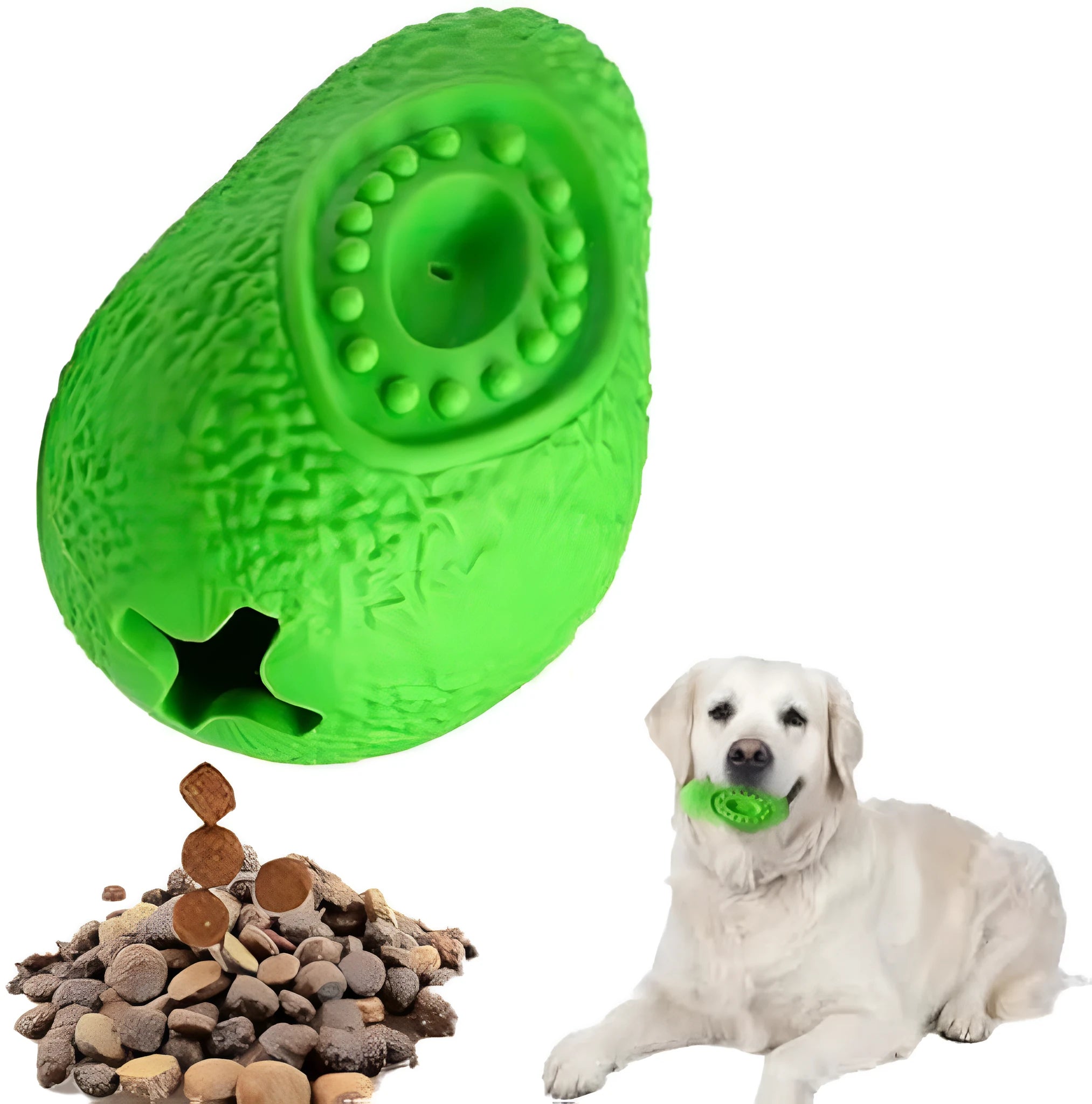 Green avocado-shaped heavy duty rubber dog chew toy for aggressive chewers and teeth cleaning.