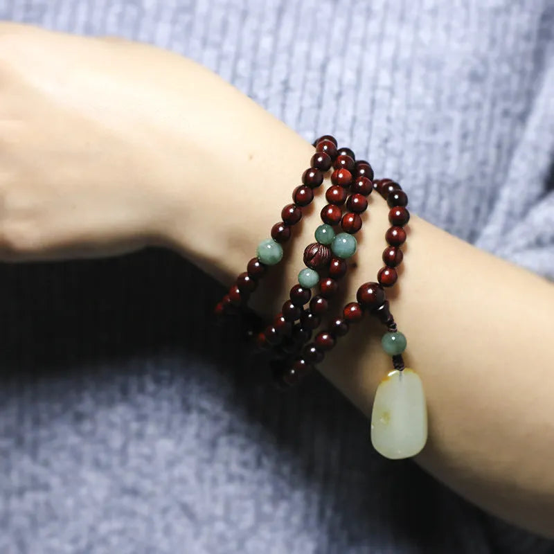 Carved rosewood bead bracelet with 6mm beads and Hotian jade pendant, unisex style