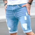 Sky blue men's denim shorts with a multi-hole design and low waist.