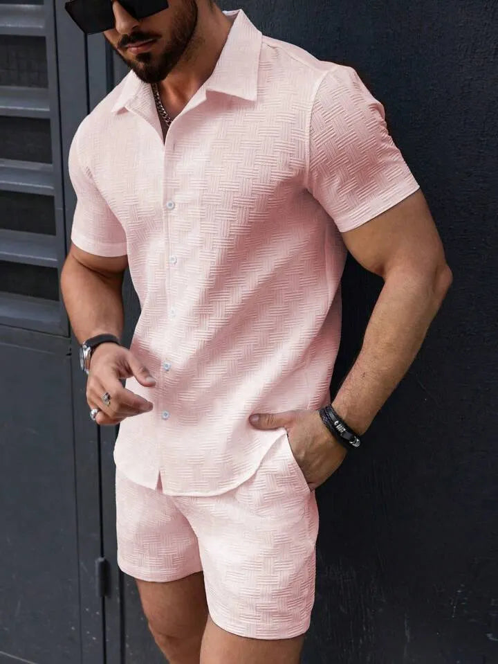 Men's summer two piece set with short sleeve shirt and shorts in cotton blend textured solid, in five colours