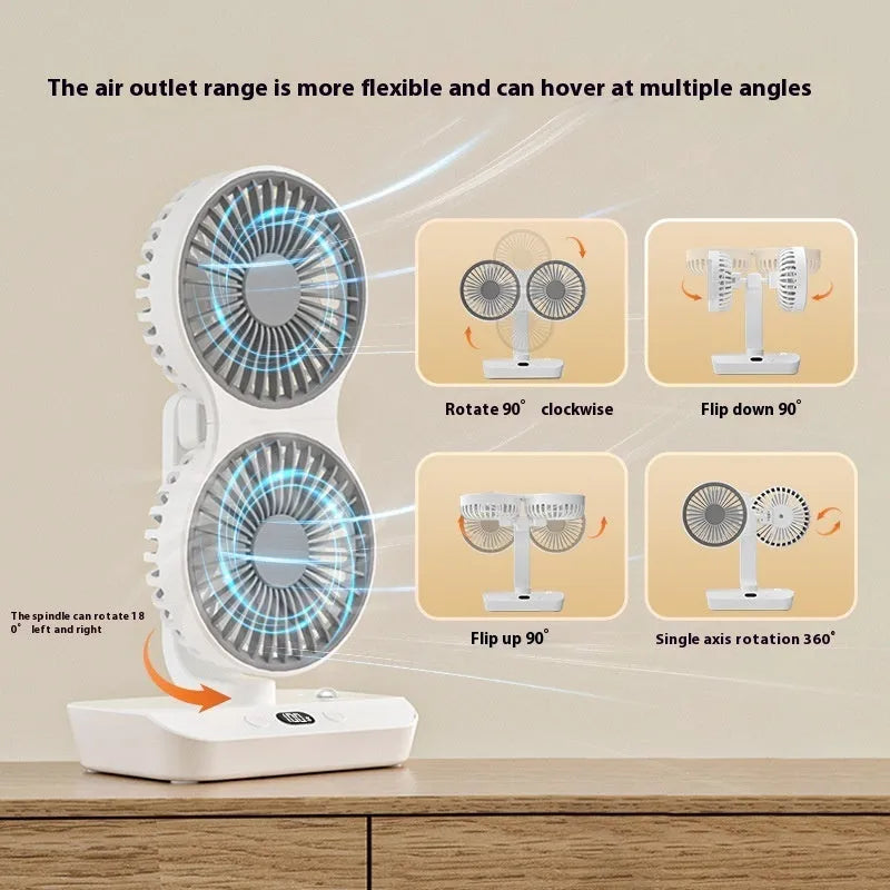 White dual head USB fan with auto oscillation and fill light on desk, 320x140x120mm