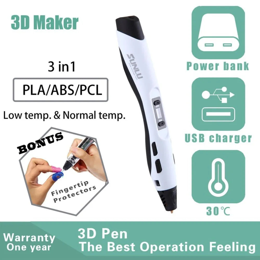Plastic 3D printing pen in black, 180mm length, for freehand drawing and graffiti