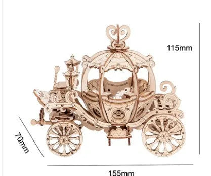 Four wooden 3D puzzle models showing an Airship, Balloon, Radio, and Pumpkin Carriage