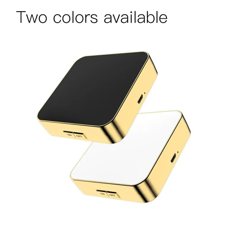 Black and white lighted makeup mirror showing dual HD and 4x magnification panels with adjustable LED lighting.