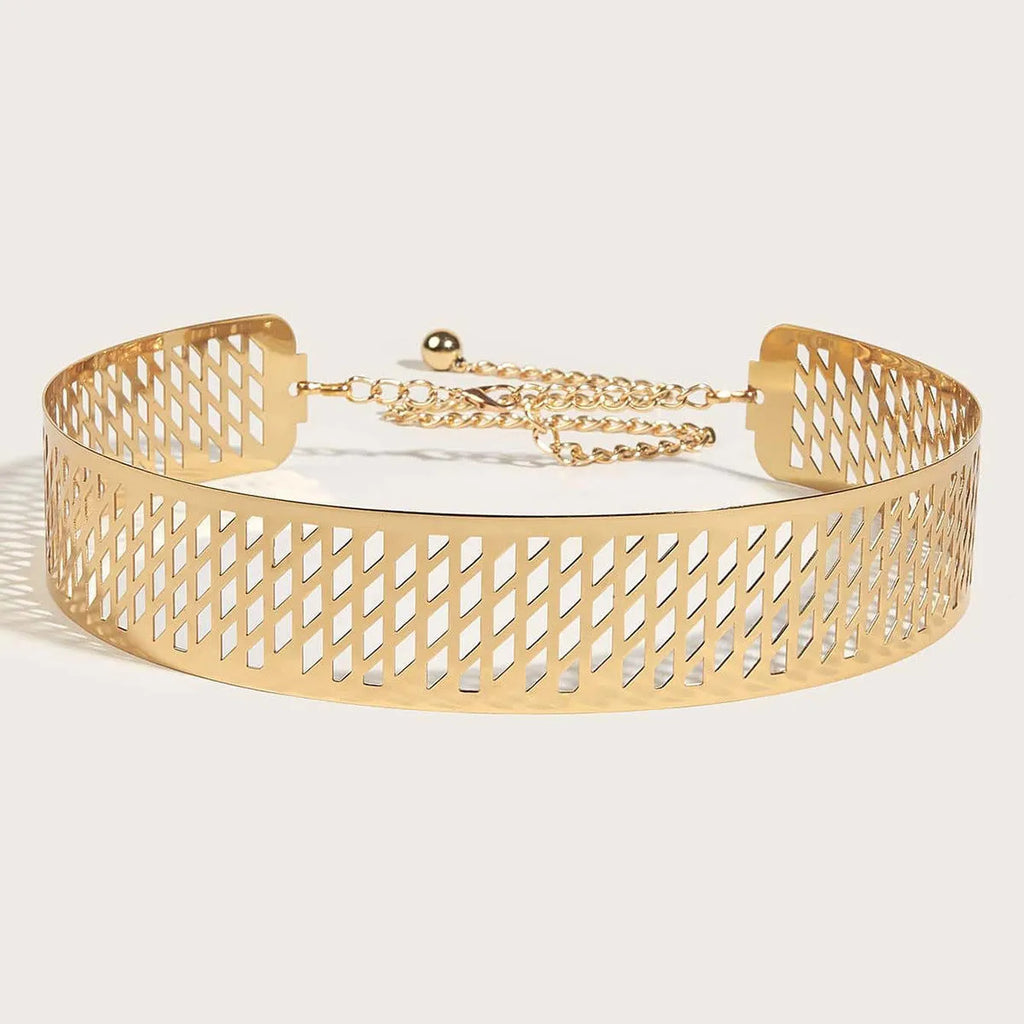 Iron Waist Seal fashion belt with golden lantern head flower design, 4.5cm wide, gold colour.