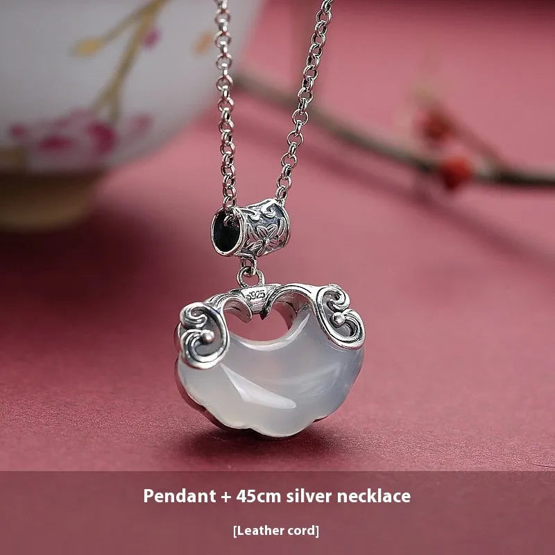 Jade Top Koi natural white chalcedony longevity lock pendant on silver plated collar