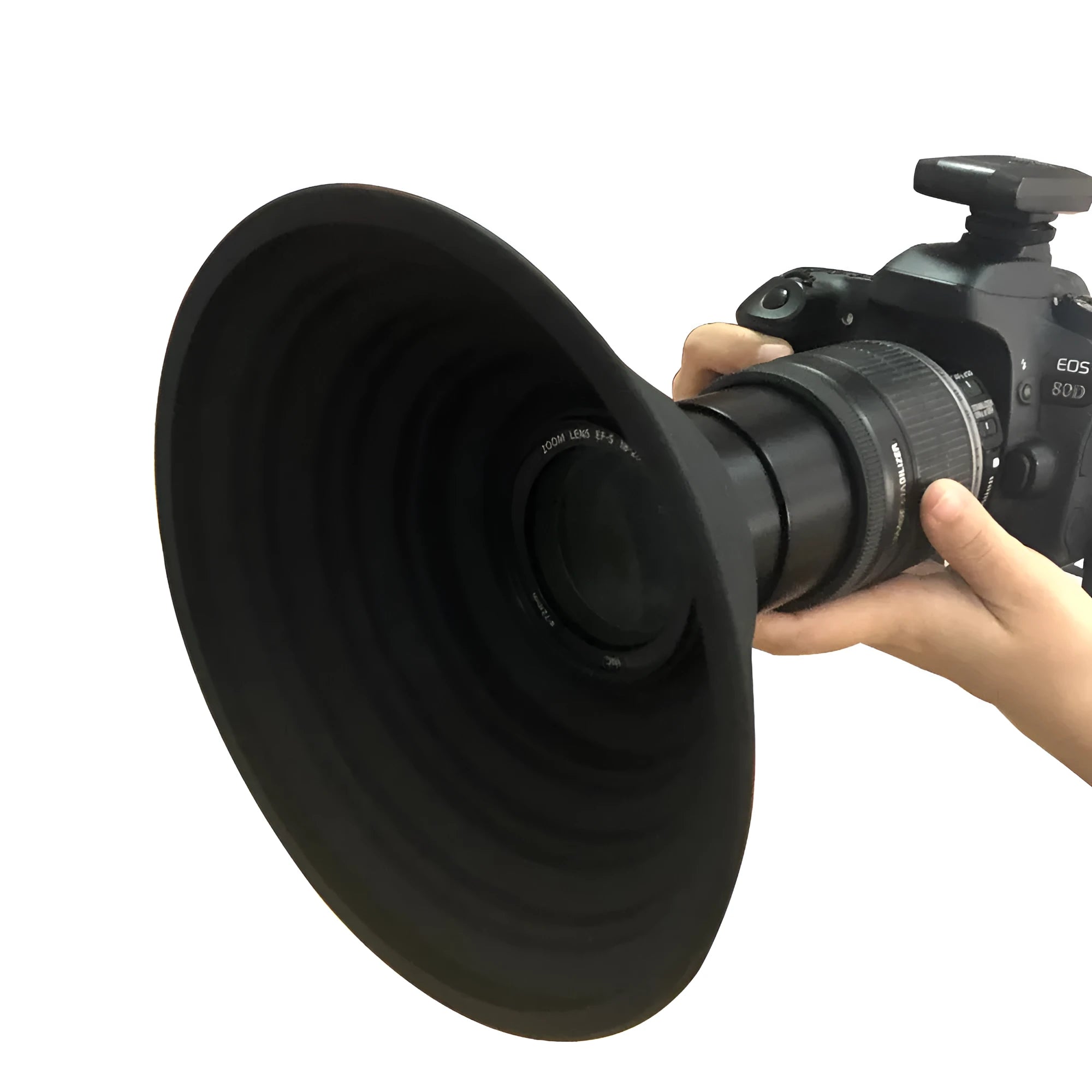 Black anti reflective silicone lens cover for SLR cameras, round shape about 21cm diameter, silica gel material for glare reduction