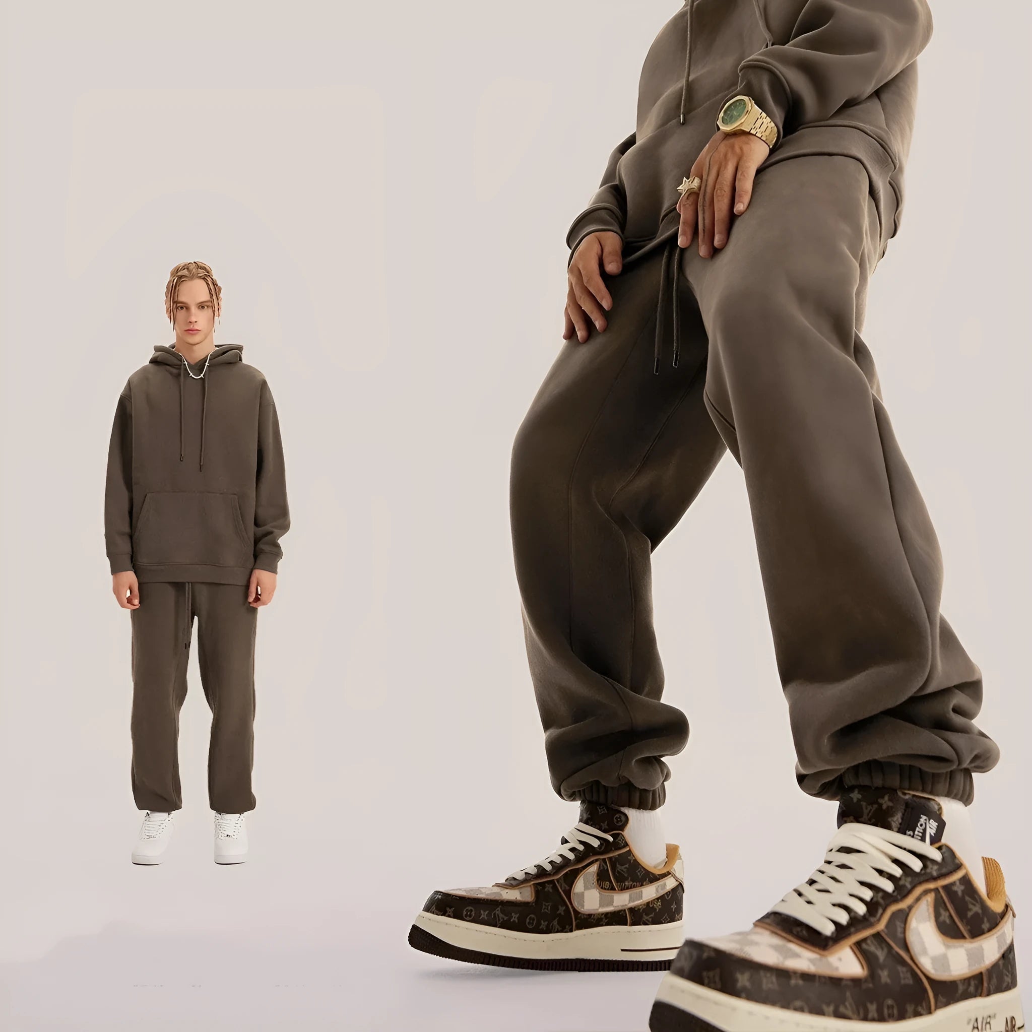Men's solid colour velvet sweatpants with elasticated ankle banding in dark brown