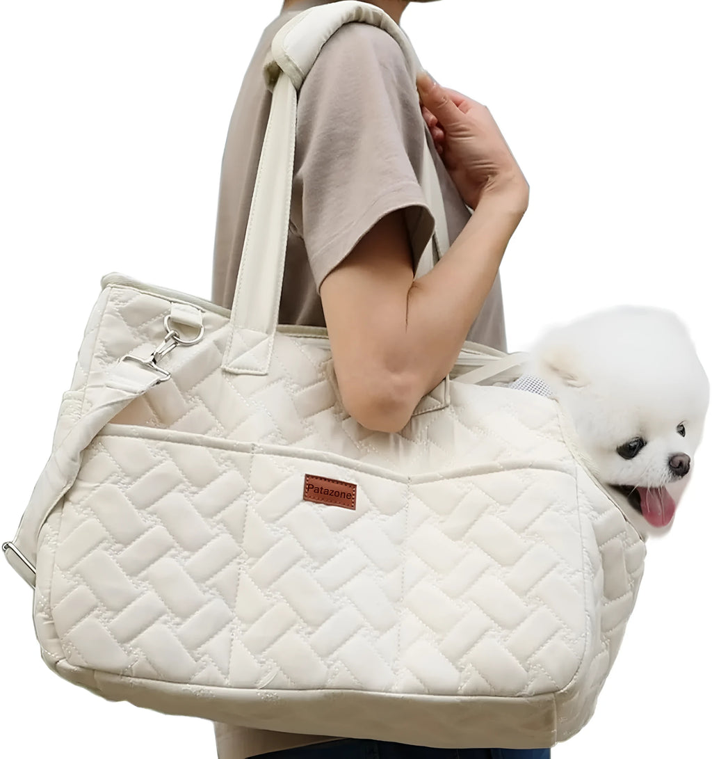 Grey pet carrier handbag with mesh panels and multiple pockets for cats and small dogs