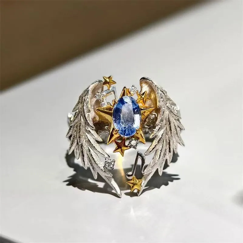 Angel wings geometric ring with adjustable open mouth design in alloy metal