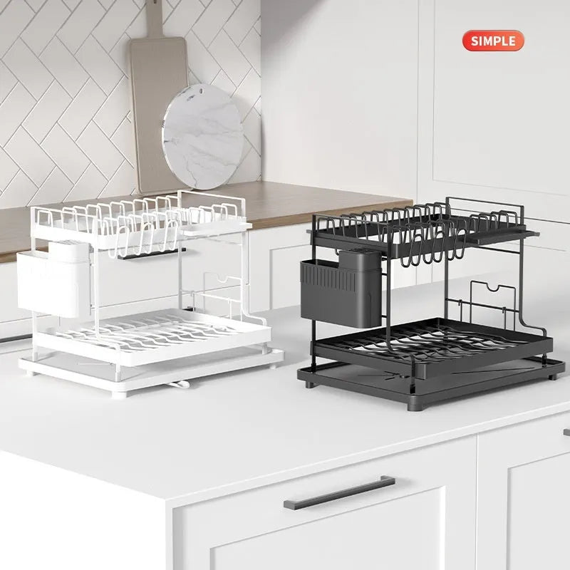 Double-layer kitchen storage rack with removable draining basket in modern design