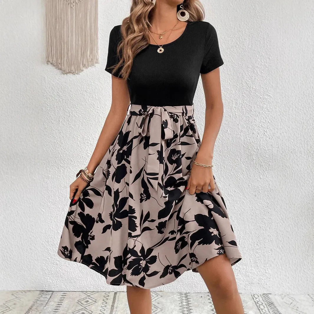 Women's khaki dress with floral printing, lace-up front, and A-line silhouette