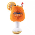Yellow plush beer bottle squeaky dog toy with teeth-cleaning feature measuring 7cm
