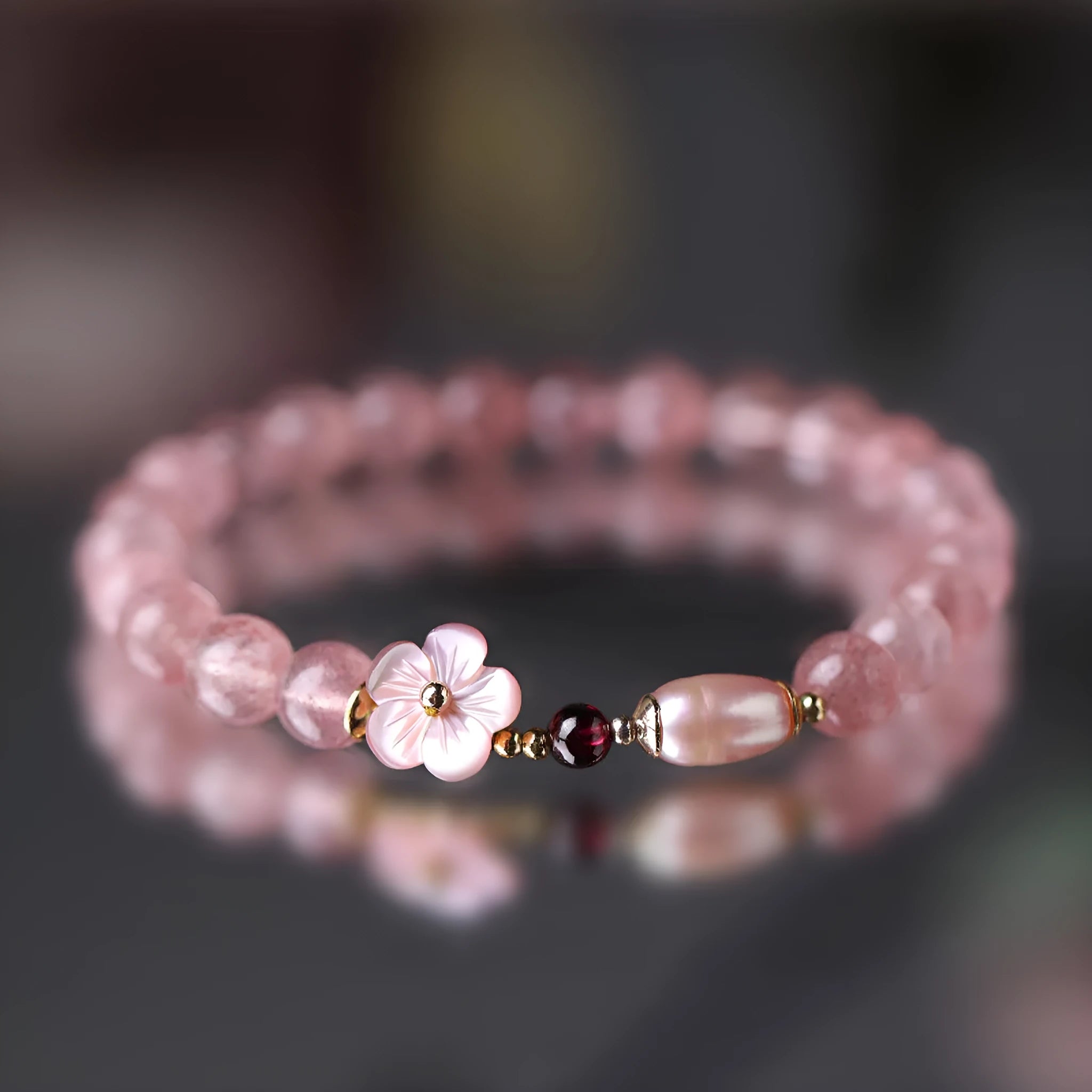 Strawberry quartz peach blossom bracelet with crystal flowers on adjustable silver chain